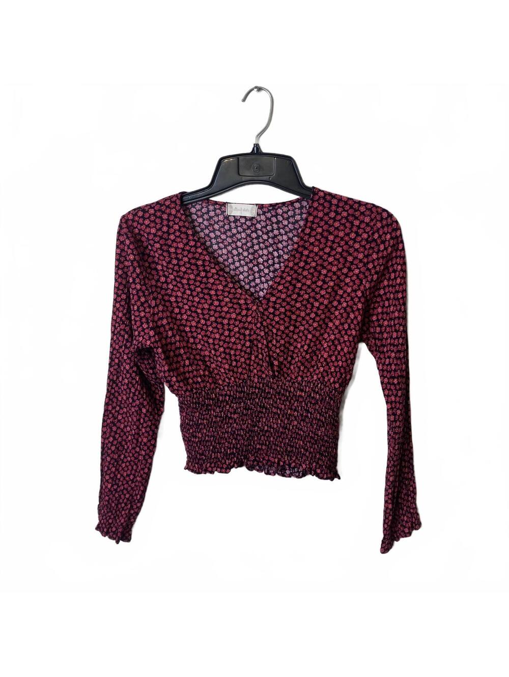 Alter'd State Women's Burgundy Boho Floral Smocked V-Neck Crop Blouse Small